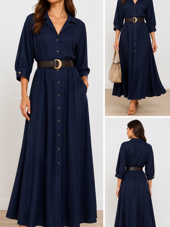 Donna Karan Dresses & Skirts - NWT Donna Karan New York Navy Belted Button Front Maxi Shirt Dress Size 6